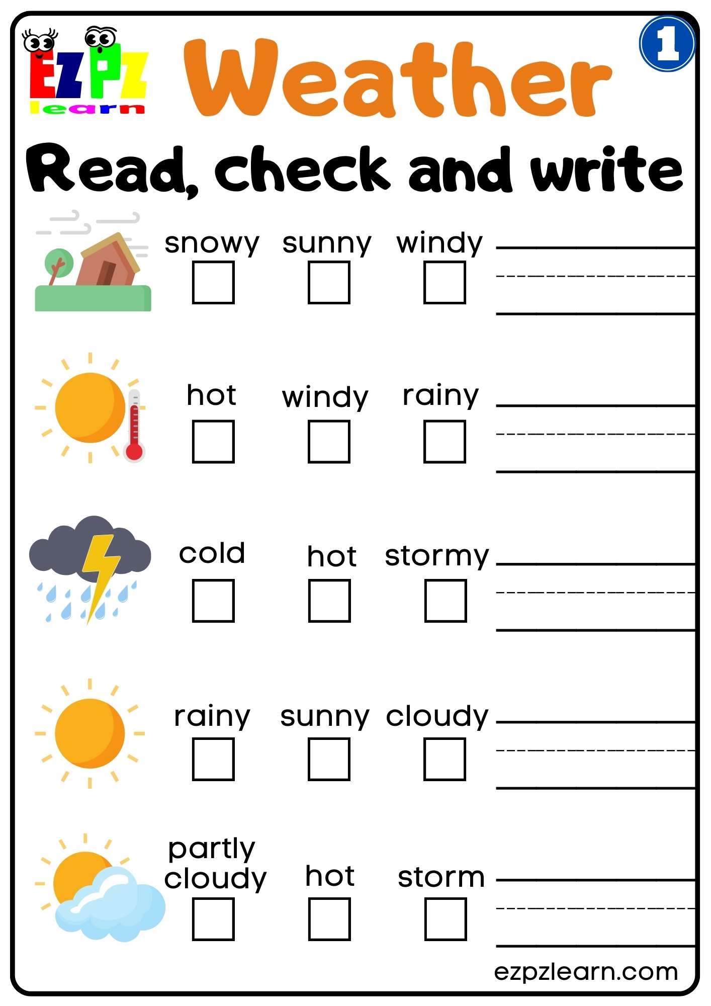 Group 1 Weather Vocabulary Read Check and Write Easy Worksheet for Kids Free PDF Download